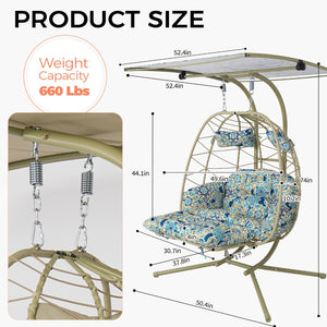 English Elm 2-person Outdoor Wicker Egg Chair Hanging Swing with Canopy Stand and Cushions Cyan T5880P502254