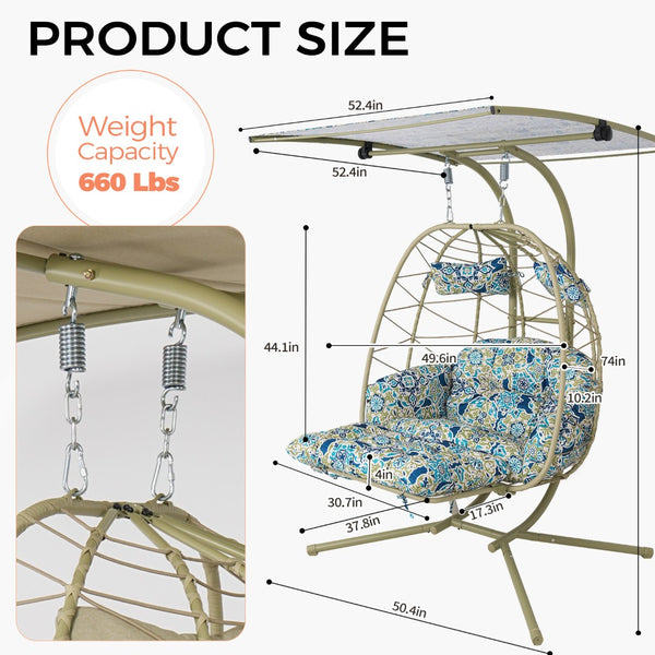 English Elm 2-person Outdoor Wicker Egg Chair Hanging Swing with Canopy Stand and Cushions Cyan T5880P502254