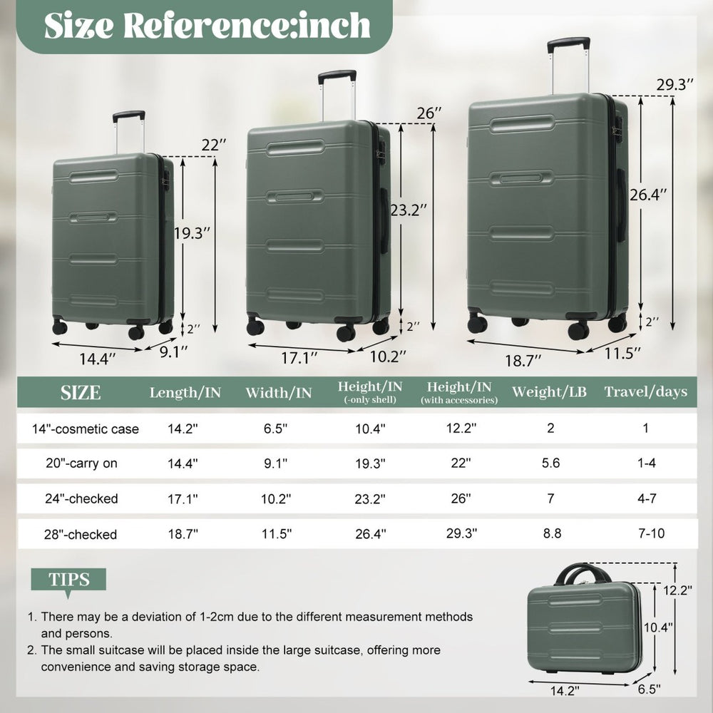 English Elm 6 Piece Hardshell Abs Travel Set with Spinner Wheels Combination Lock and Toiletry Bag Army Green N732P391465F