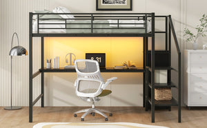 English Elm Full Size Metal Loft Bed With Desk, Storage Staircase, Wardrobe & Led Light - Space-Saving Design GX000620AAD