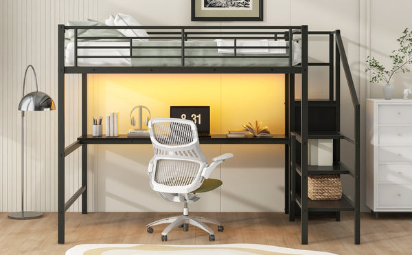 English Elm Full Size Metal Loft Bed With Desk, Storage Staircase, Wardrobe & Led Light - Space-Saving Design GX000620AAD