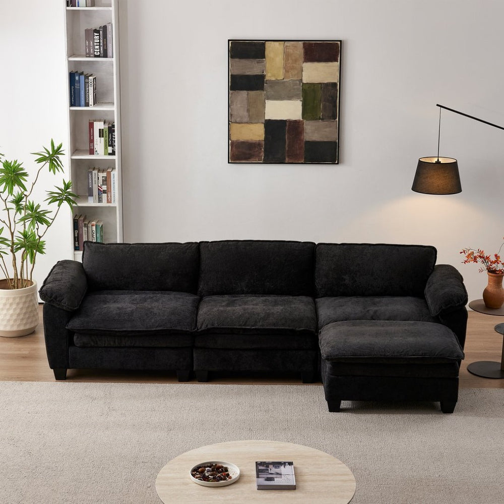English Elm Living Room Chenille Sectional Sofa with Detachable Ottoman and Pocket Coil Cushions Black W1097S00240