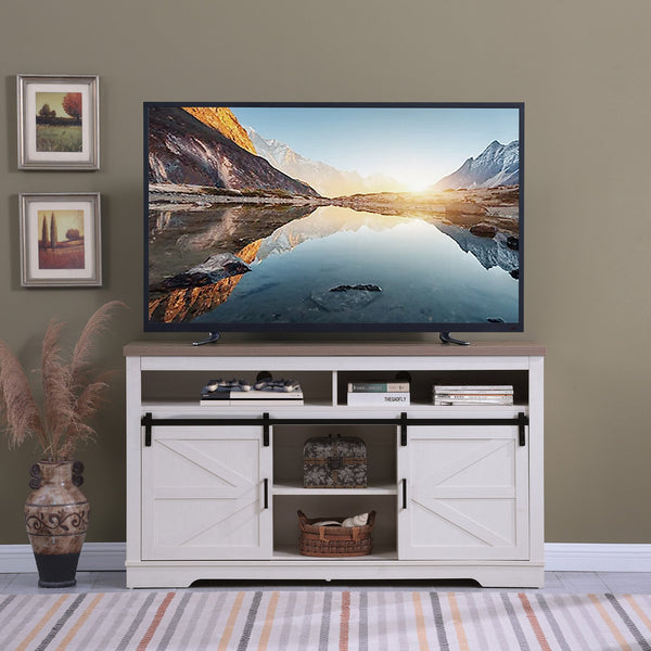 English Elm Farmhouse 60" TV Stand for 65-70" TVs, 33" High Highboy Console with Sliding Barn Doors, Rustic Storage W3151P264500