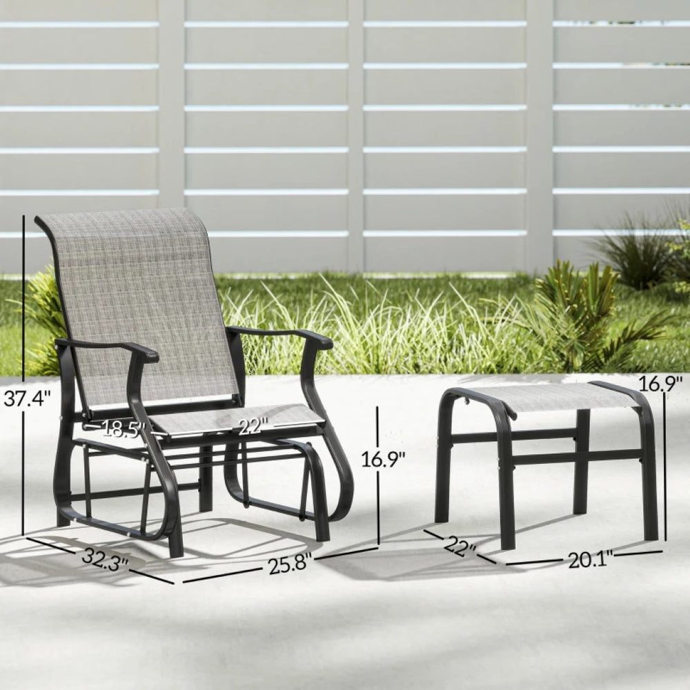 English Elm Comfortable High Back Outdoor Glider Chair and Ottoman Set with Breathable Mesh Steel Frame Black,Gray T3971P459471