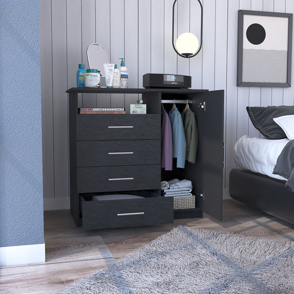 English Elm 4 Drawer Dresser with Open Shelf and Single Door Cabinet, Engineered Wood, Spacious Storage Appeal Black 38 L x 23 W x 4 H B097S00107
