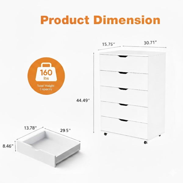 English Elm White Five Drawer Rolling Storage Cabinet with Sleek Cutout Handles for Any Room B372P407630
