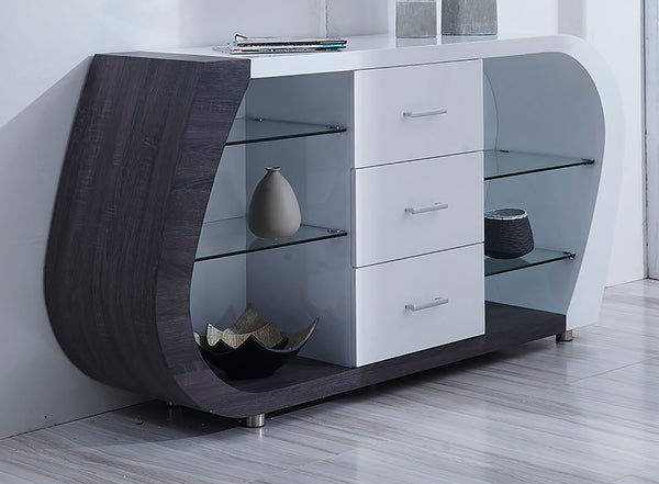 English Elm ANNE Buffet White & Gray Solid Wood/MDF Console with Two Shelves and Drawer — Compact, Stylish Storage B201P215790