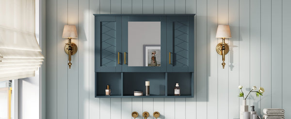 English Elm 35 Inch Wall Mount Medicine Cabinet Soft Close Mirror Storage for Modern Bathroom Blue N710P389453C