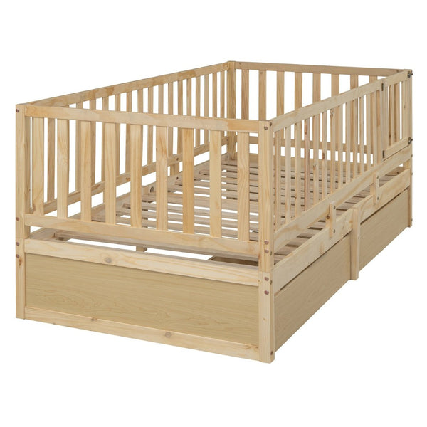 English Elm Twin Pinewood Daybed with Fence Guardrails Splits Into Two Floor Beds Storage Natural LP100881AAN
