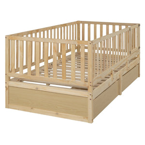 English Elm Twin Pinewood Daybed with Fence Guardrails Two Storage Drawers and Split Floor Bed Natural LP200881AAN