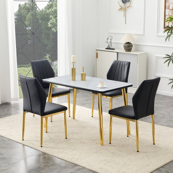 English Elm Table and Chair Set Marble Glass Top Gold Legs Modern 5 Piece Dining for Small Spaces Black,White+Gold W1151S04652