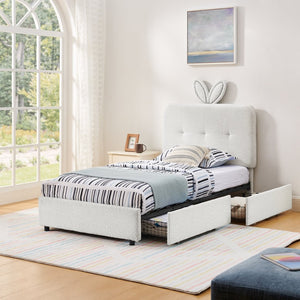 English Elm Twin Kids Boucle Upholstered Bed Rabbit Ear Headboard Led Lighting Four Storage Drawers Beige W1413P384921