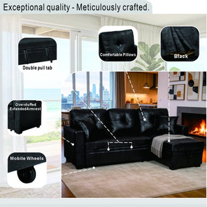 English Elm Sleeper Sectional Sofa with Storage Chaise Tufted Black Fabric L-shaped Living Room W5568S00037