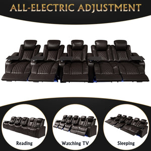 English Elm 155.5"power Five Seat Home Theater Sectional Nappa Leather Rgb Led Smart Recliner W3819S00107