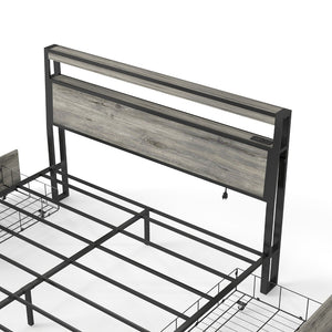 English Elm Queen Metal Platform Bed with Rgb Led Headboard Charging Station and Underbed Storage T3963P482868