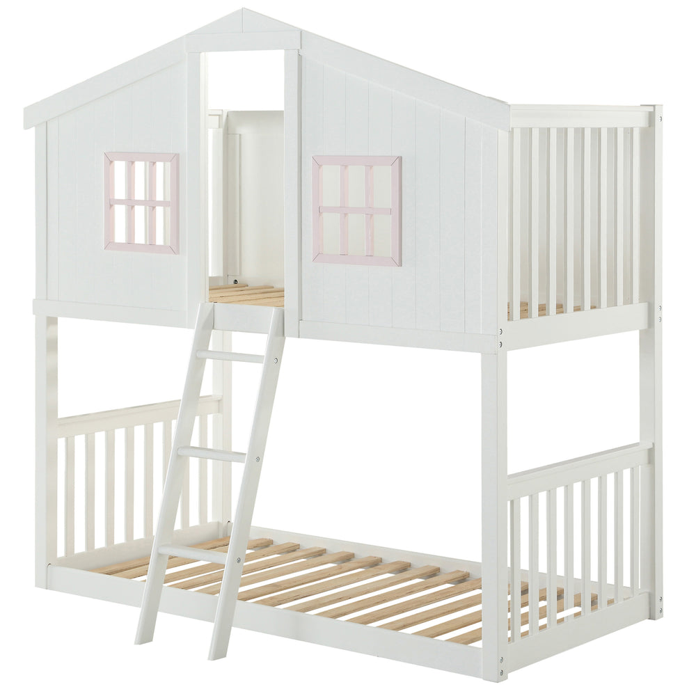 English Elm Rohan Twin-Over-Twin Cottage Bunk Bed in White & Pink – Solid Pine, 660lb Capacity, Playful Doorway Roof B2726S00268