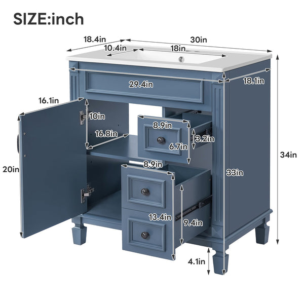 English Elm 30" French-Inspired Bathroom Vanity With Ceramic Sink, Soft-Close Drawers & Elegant Storage Solutions N710P323323C