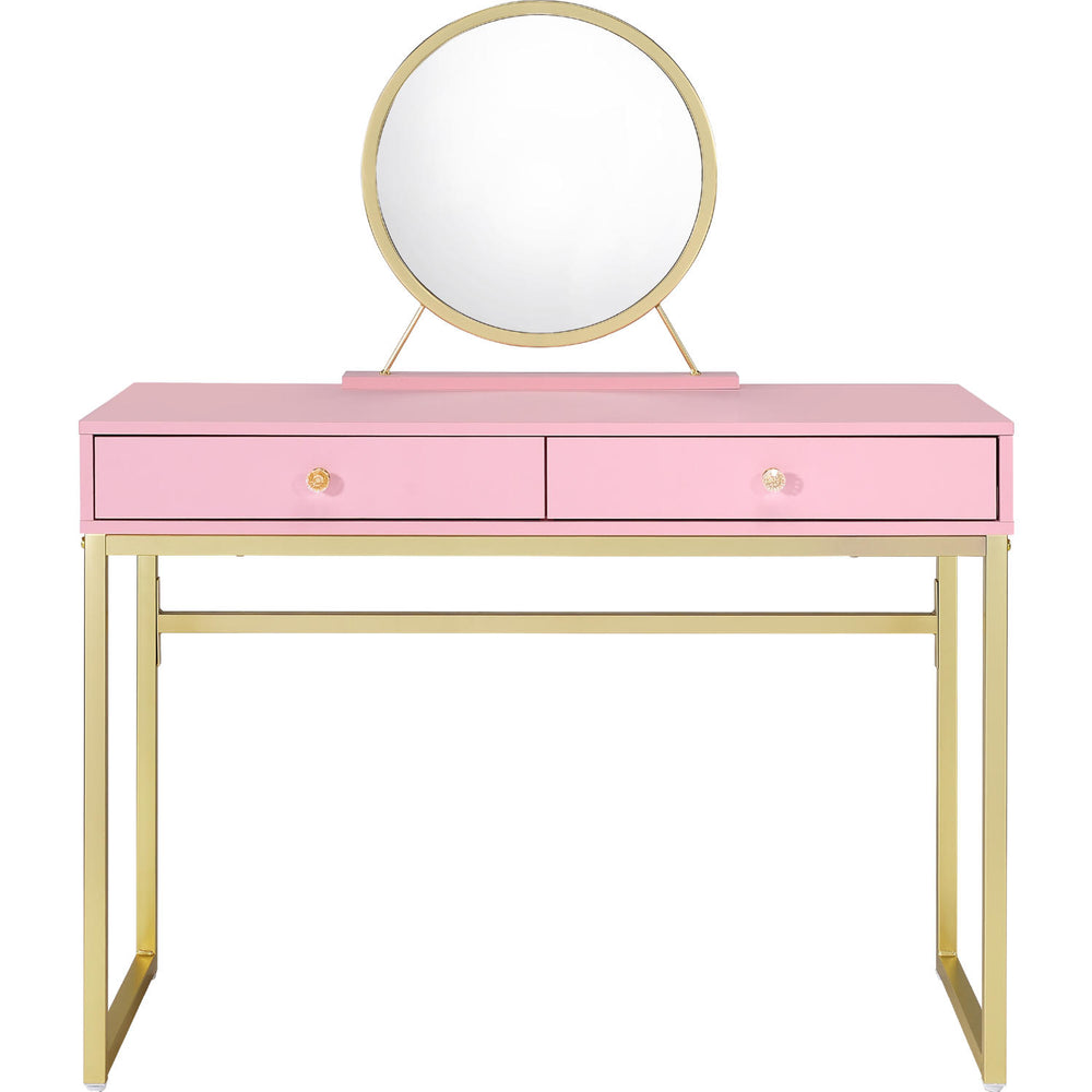 English Elm 2 Drawers Vanity Desk With Mirror & Jewelry Tray - Chic Pink & Gold Design For Elegant Spaces B016P317466