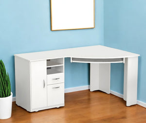 HomeRoots 59" Modern White Corner Computer Desk with Drawers - Space-Saving Design for Home Offices & Study 249807