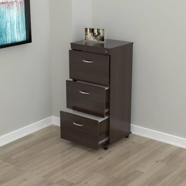 Homeroots Espresso Wood Three Drawer Filing Cabinet  Wood,Metal 249817