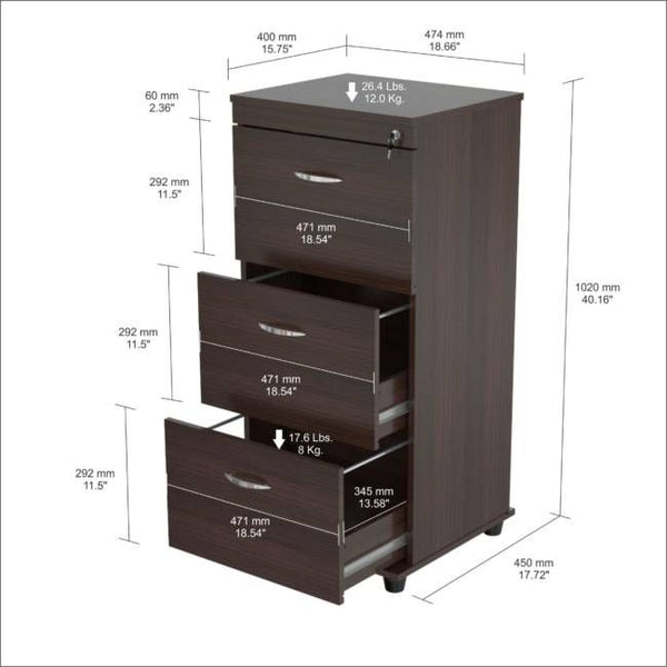 Homeroots Espresso Wood Three Drawer Filing Cabinet  Wood,Metal 249817