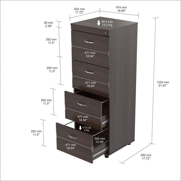 Homeroots Espresso Wood Finish Four Large Drawer Filing Cabinet  Wood,Metal 249818