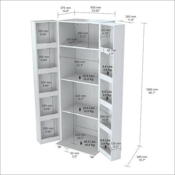 Homeroots 66" White Laminated Wood Pantry Or Storage Cabinet  Solid Manufactured Wood 249838