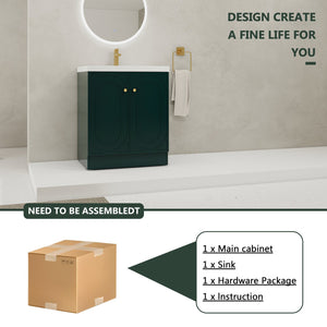 English Elm 30" Modern Freestanding Bathroom Vanity with Resin Sink, Soft-Close Doors, Adjustable Shelf, Durable Plywood Finish Dark Green W999S00272