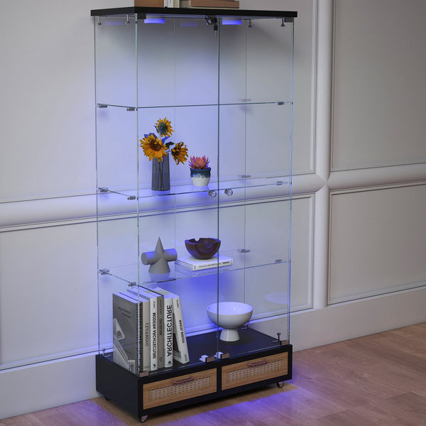 English Elm Modern Glass Display Cabinet With Led Lights, 4 Shelves & Drawers - Stylish Furniture For Collectors W241S00057