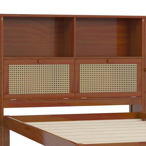 English Elm Twin Multifunctional Bed with Rattan Headboard Storage, Drawer & Shelves — Space-Saving Pine Design Walnut 50.4 L x 19.8 W x 5.5 H N733S241280D