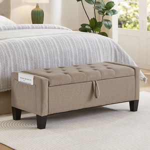 English Elm Ottoman Storage Bench Tufted Linen Upholstered Entryway Seat with Lift Top Shelf Linen W2186P469999
