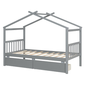 English Elm Twin House Bed Solid Pine Kids Cottage Frame with Storage Drawers Imaginative Room Gray N708P309245E