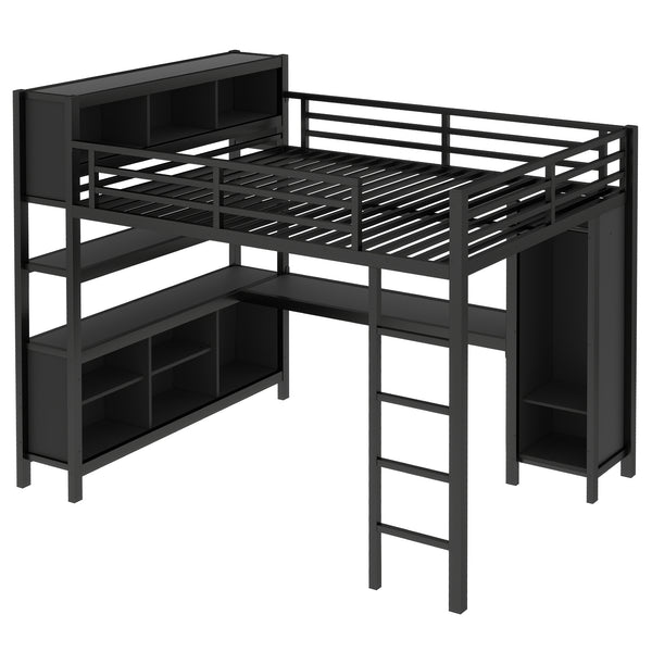 English Elm Metal Loft Bed With Wardrobe, L-Shaped Desk & Storage Cubes - Stylish Space-Saving Queen Solution W1580S00109