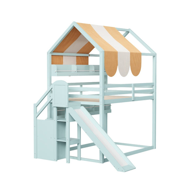 English Elm Full Size Wood Loft Bed with Canopy Slide and Built in Bookshelves for Kids Light Green N7090005021F