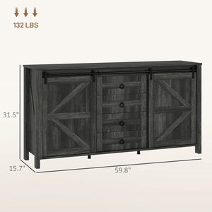 English Elm Farmhouse Buffet Cabinet with Sliding Barn Doors Four Drawers Distressed Cream Finish T3971S00096