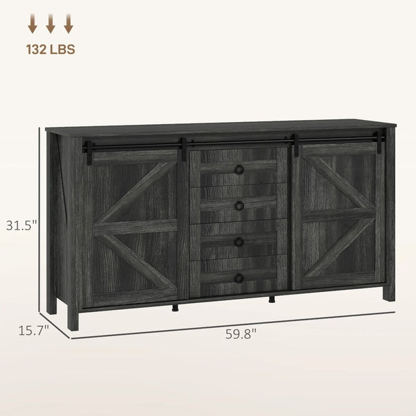English Elm Farmhouse Buffet Cabinet with Sliding Barn Doors Four Drawers Distressed Cream Finish T3971S00096