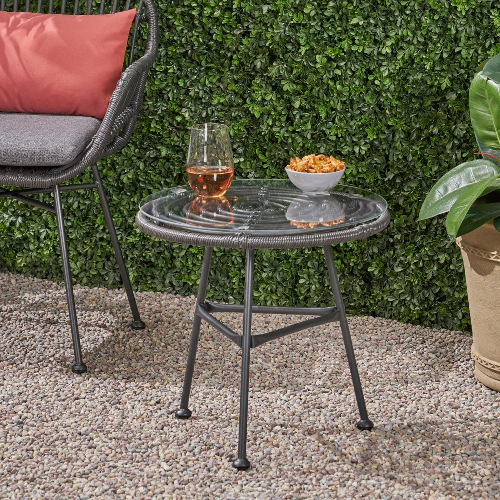 English Elm Orlando Outdoor Faux Rattan Side Table Tempered Glass Top for Deck or Porch 65038.00GRY