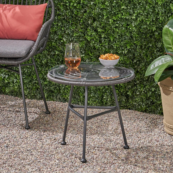 English Elm Orlando Outdoor Faux Rattan Side Table Tempered Glass Top for Deck or Porch 65038.00GRY