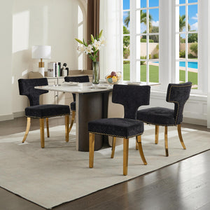 English Elm Mid Mid Century Modern Dining Chair Set with Curved Copper-Nail Backrest, High-Density Foam Seat, Brushed Stainless Legs Black W1143P314903