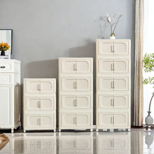 English Elm Cream 4-Tier Folding Storage Cabinet On Wheels – Versatile, Collapsible & Durable Organization Solution W2873P239387