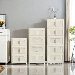 English Elm Cream White 5-Tier Folding Storage Cabinet With Magnetic Door & Wheels – Versatile Space-Saving Solution W2873P239386