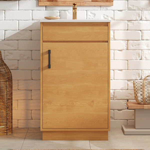 English Elm 20-inch Farmhouse Bathroom Vanity with Ceramic Sink, Freestanding Single Cabinet, Soft-Close Door, Adjustable Shelf, Natural Wood-Grain Finish N710P334910P
