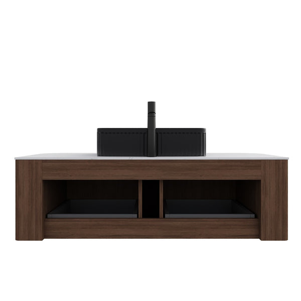 English Elm Dina Floating Bathroom Vanity with Crystal Glass Basin and Sintered Stone Top Black,Carrara White,Dark Walnut W2615S00196