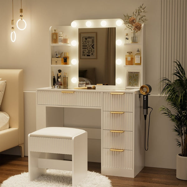 English Elm Vanity Desk Set with Led Mirror Charging Station Five Drawers and Cushioned Stool White T3773P416291