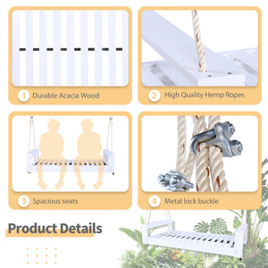 English Elm TOPMAX Twin Size Porch Swing Bed Crafted from Durable Acacia Wood with 400lb Capacity and Hemp Ropes White N717P210135K