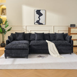 English Elm 108" L-shaped Chenille Cloud Sectional Deep Seat Sofa with Ottoman for Living Rooms Black W3244S00004