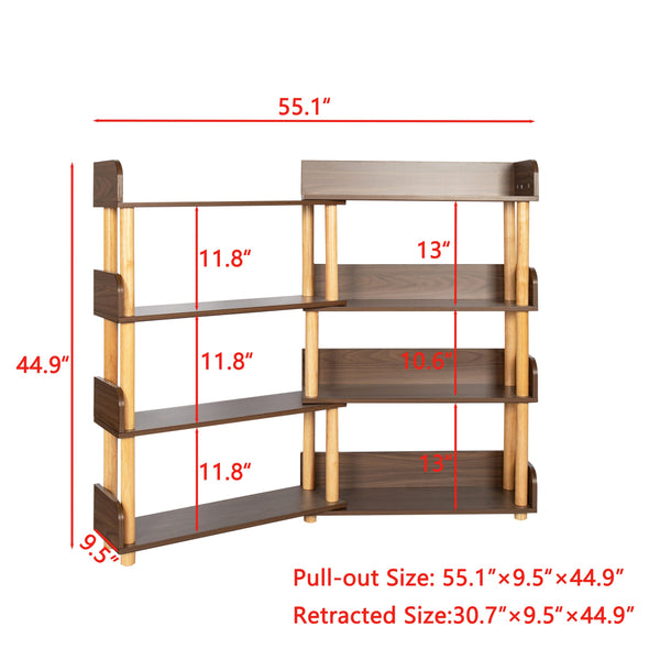 English Elm 4 Tier Retractable Rotatable Corner Bookcase – Walnut Wooden 4-Shelf Space-Saving Rack, Durable MDF & Solid Wood W1801P195686