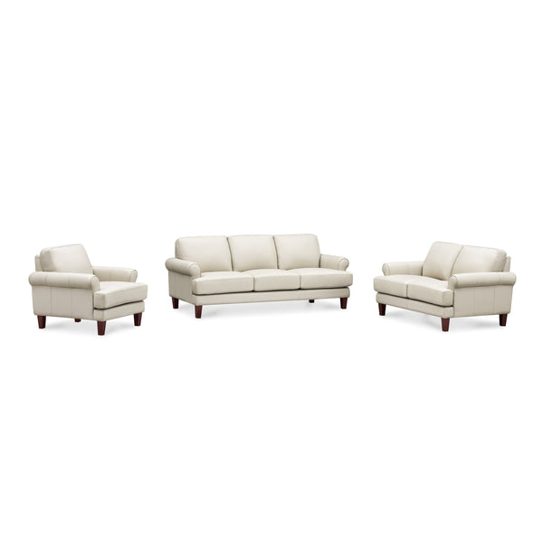 English Elm Dawn Leather Sofa with Top-Grain Seating, Pocket Coil Comfort, Feather-Memory Foam Cushions, Durable Frame Off White B2705P338099
