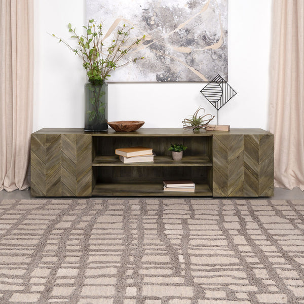 English Elm Jessie Farmhouse Mango Brown 2-Door TV Stand for Up to 80" TVs — Rustic Wood Console with Shelves and Storage B062P353406