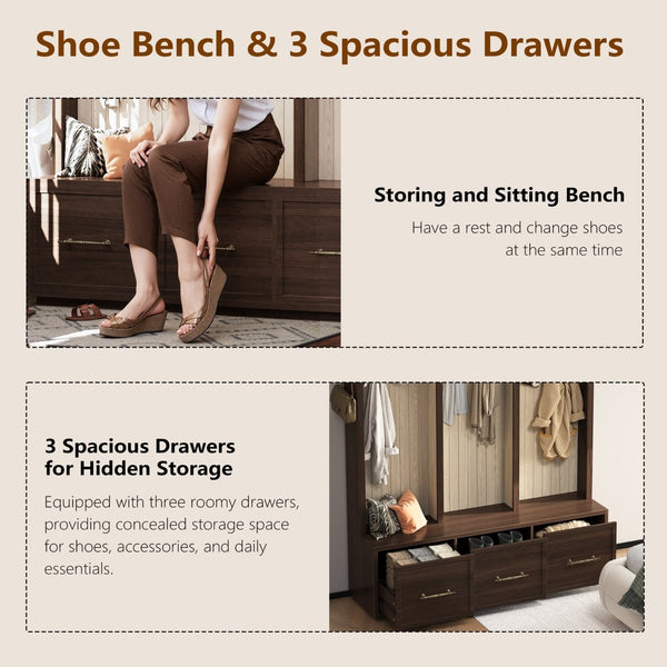 English Elm Farmhouse Hall Tree with Arched Panels Bench Drawers and Hooks for Mudroom Entryway Walnut W5271S00006